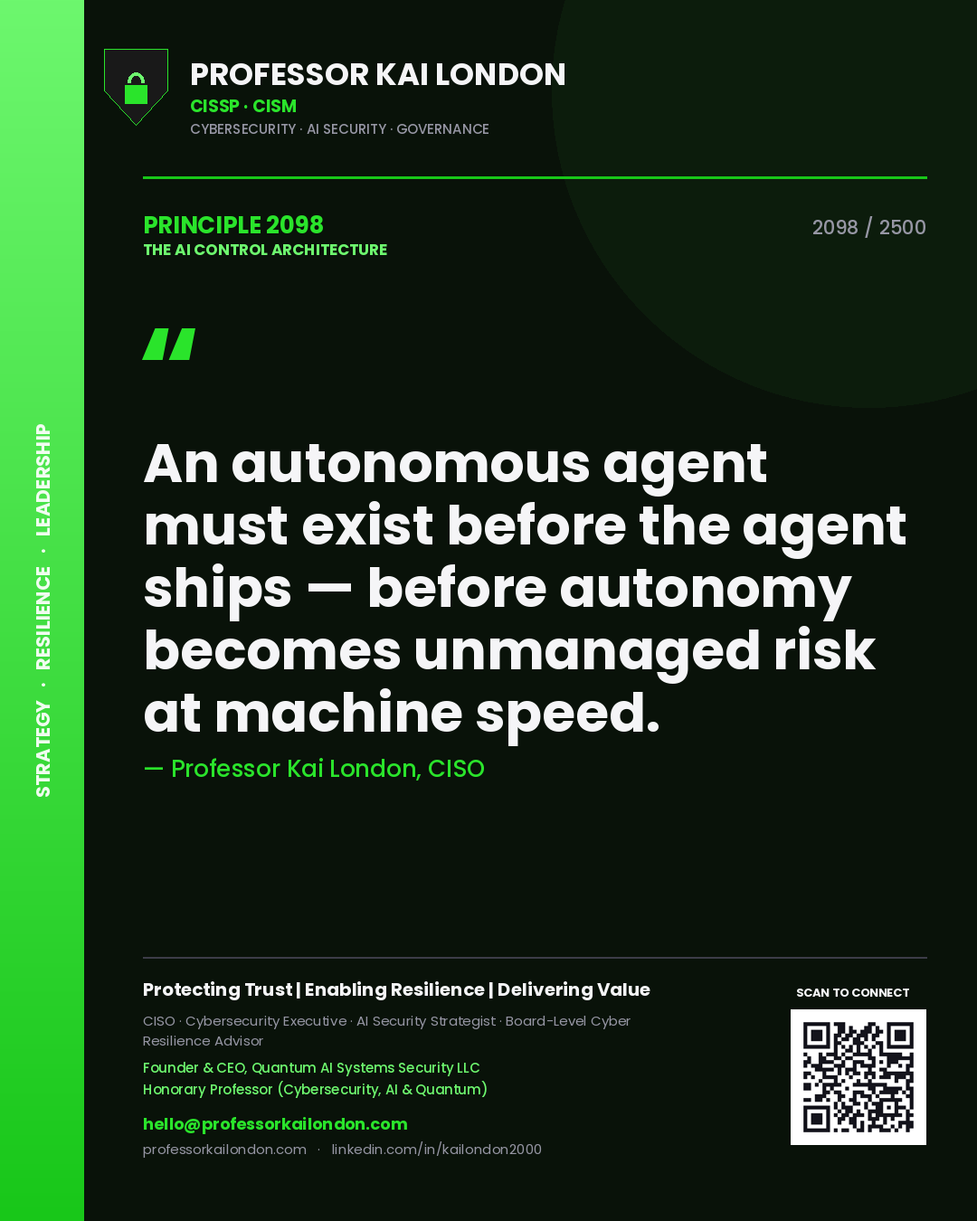 Quote card by Professor Kai London reading 'An autonomous agent must exist before the agent ships — before autonomy becomes unmanaged risk at machine speed.'. From the book The AI Control Architecture.
