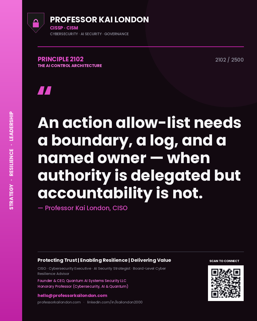 Quote card by Professor Kai London reading 'An action allow-list needs a boundary, a log, and a named owner — when authority is delegated but accountability is not.'. From the book The AI Control Architecture.