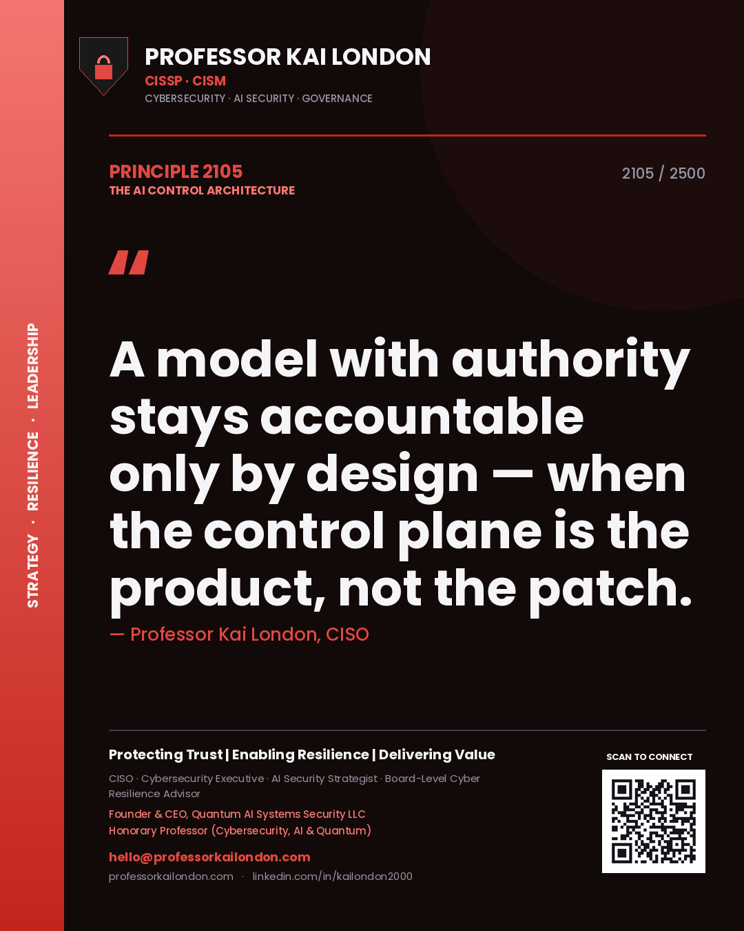 Quote card by Professor Kai London reading 'A model with authority stays accountable only by design — when the control plane is the product, not the patch.'. From the book The AI Control Architecture.