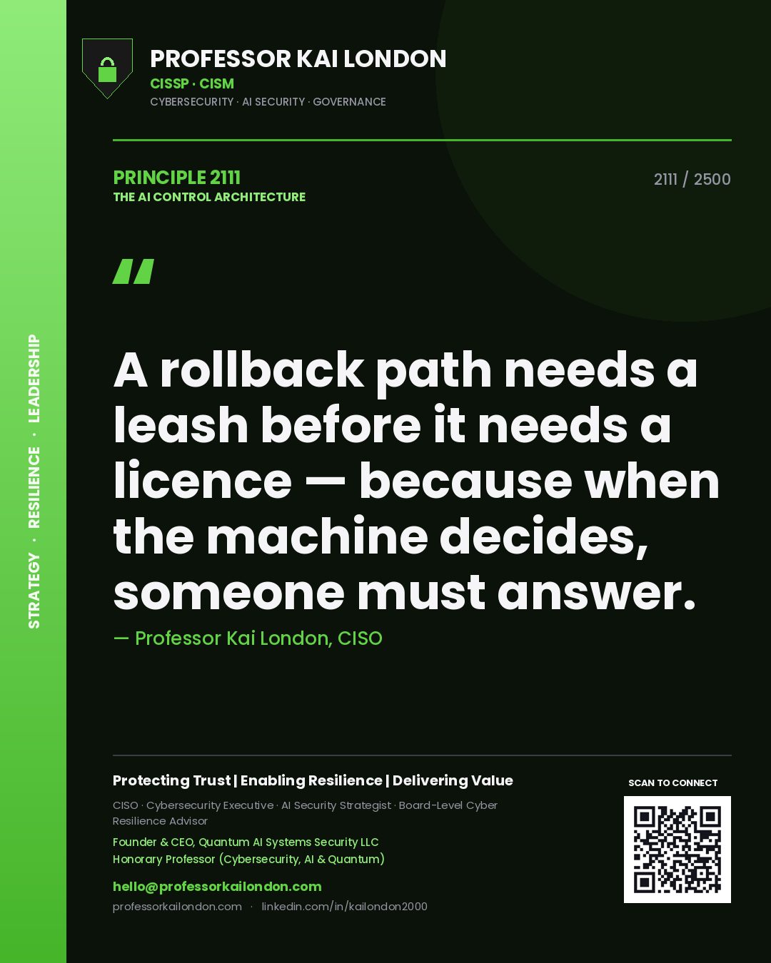 Quote card by Professor Kai London reading 'A rollback path needs a leash before it needs a licence — because when the machine decides, someone must answer.'. From the book The AI Control Architecture.