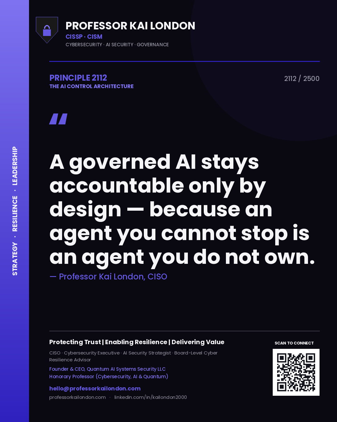 Quote card by Professor Kai London reading 'A governed AI stays accountable only by design — because an agent you cannot stop is an agent you do not own.'. From the book The AI Control Architecture.