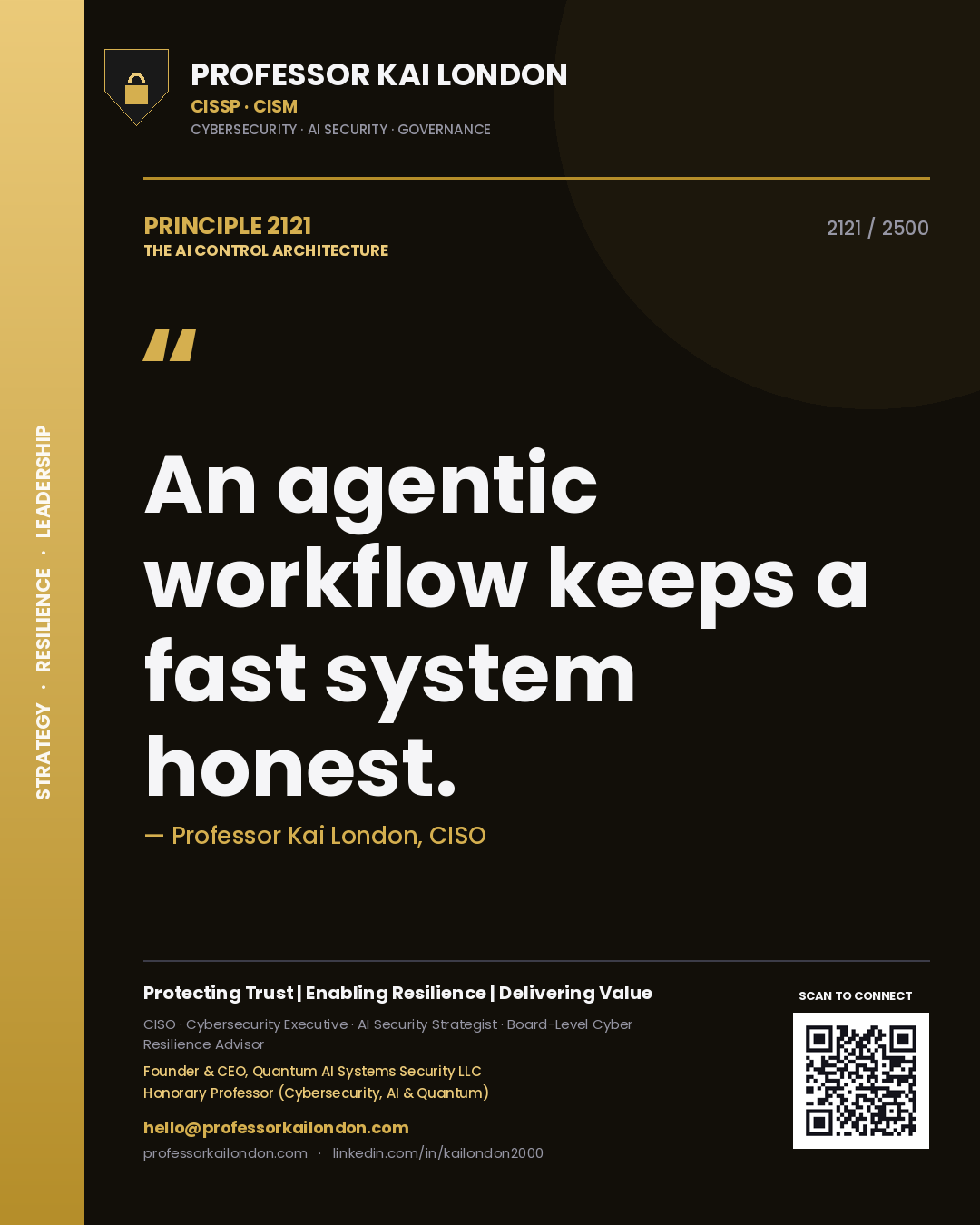 Quote card by Professor Kai London reading 'An agentic workflow keeps a fast system honest.'. From the book The AI Control Architecture.