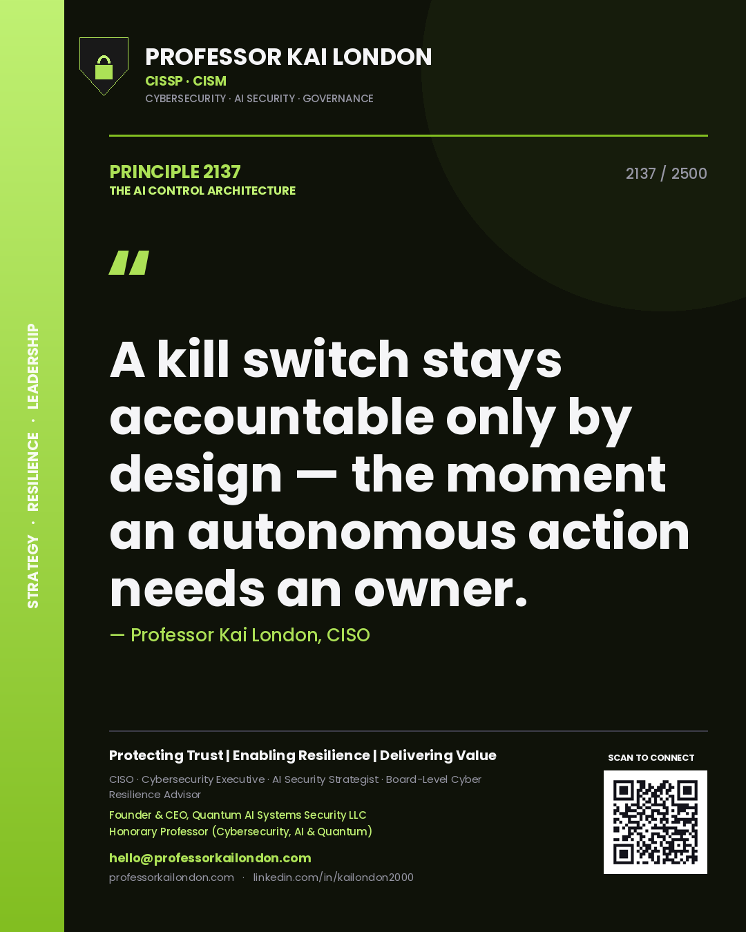 Quote card by Professor Kai London reading 'A kill switch stays accountable only by design — the moment an autonomous action needs an owner.'. From the book The AI Control Architecture.
