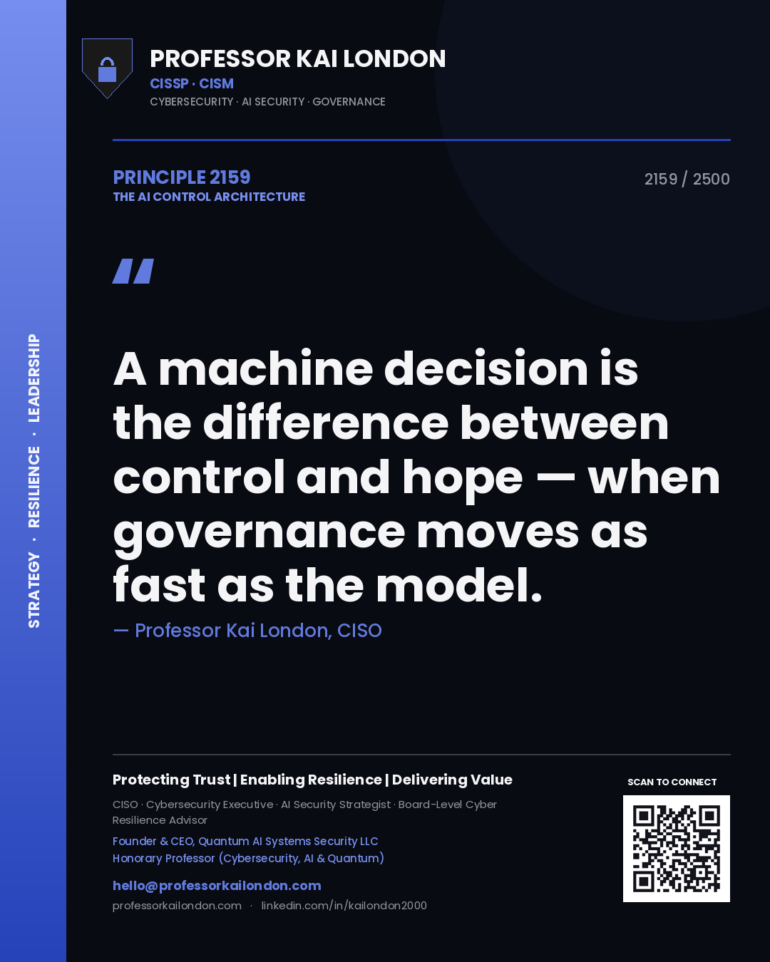 Quote card by Professor Kai London reading 'A machine decision is the difference between control and hope — when governance moves as fast as the model.'. From the book The AI Control Architecture.