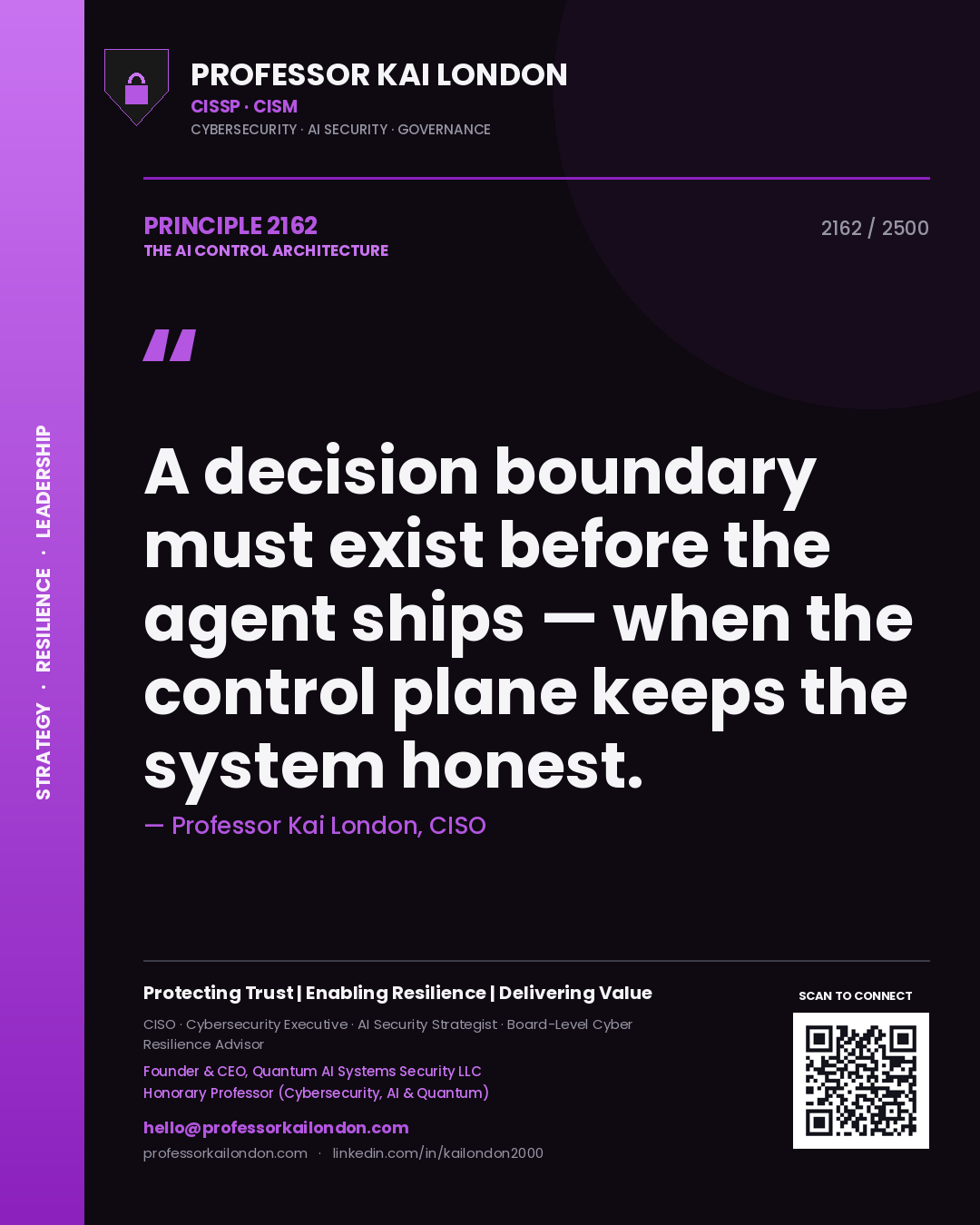 Quote card by Professor Kai London reading 'A decision boundary must exist before the agent ships — when the control plane keeps the system honest.'. From the book The AI Control Architecture.