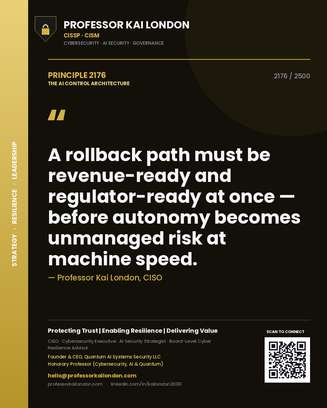 Quote card by Professor Kai London reading 'A rollback path must be revenue-ready and regulator-ready at once — before autonomy becomes unmanaged risk at machine speed.'. From the book The AI Control Architecture.