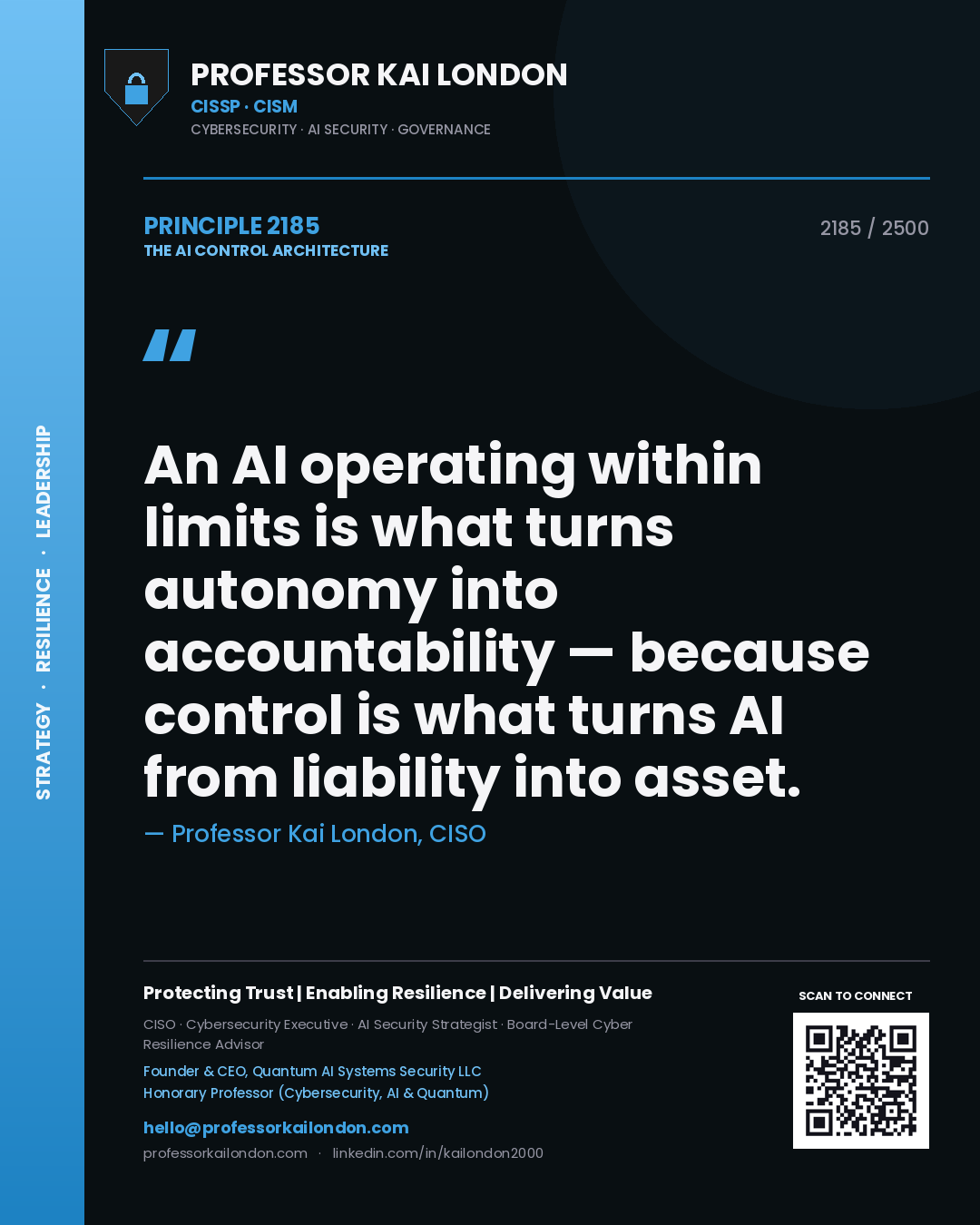 Quote card by Professor Kai London reading 'An AI operating within limits is what turns autonomy into accountability — because control is what turns AI from liability into asset.'. From the book The AI Control Architecture.