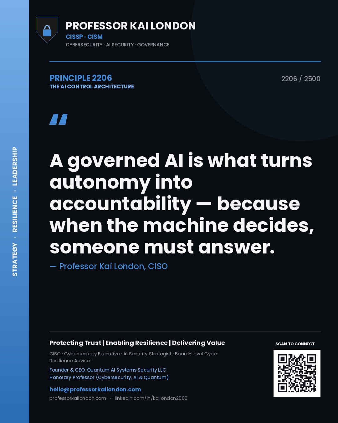 Professor Kai London principle 2206: A governed AI is what turns autonomy into accountability — because when the machine decides, someone must answer.