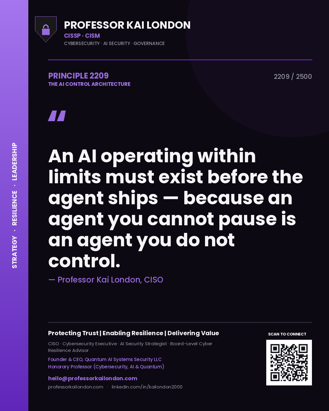 Quote card by Professor Kai London reading 'An AI operating within limits must exist before the agent ships — because an agent you cannot pause is an agent you do not control.'. From the book The AI Control Architecture.