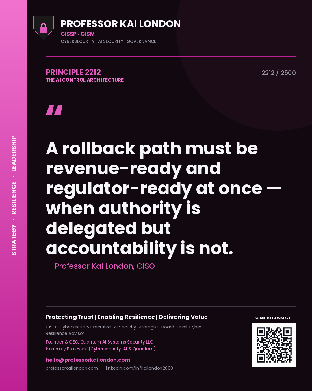 Professor Kai London principle 2212: A rollback path must be revenue-ready and regulator-ready at once — when authority is delegated but accountability is not.