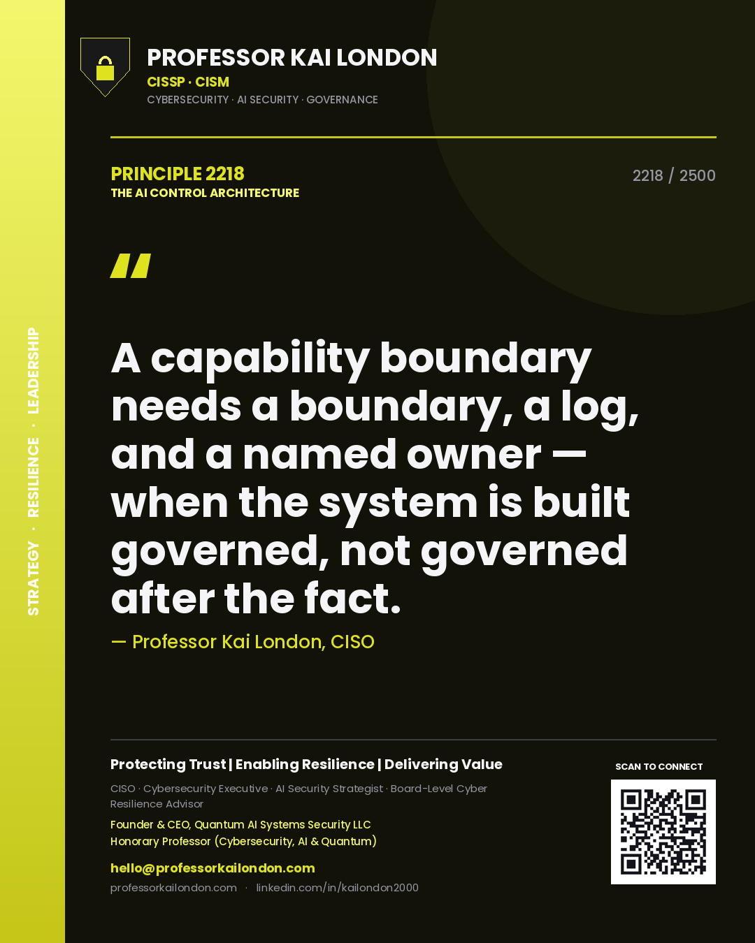 Professor Kai London principle 2218: A capability boundary needs a boundary, a log, and a named owner — when the system is built governed, not governed after the fact.