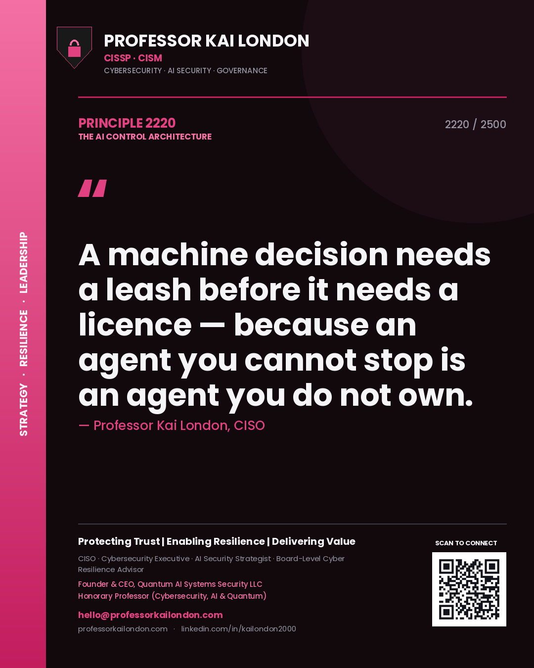 Professor Kai London principle 2220: A machine decision needs a leash before it needs a licence — because an agent you cannot stop is an agent you do not own.