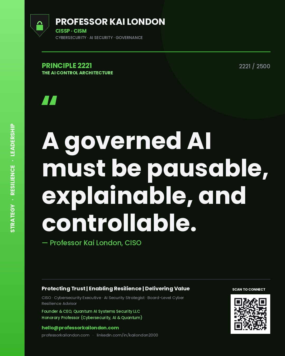 Professor Kai London principle 2221: A governed AI must be pausable, explainable, and controllable.