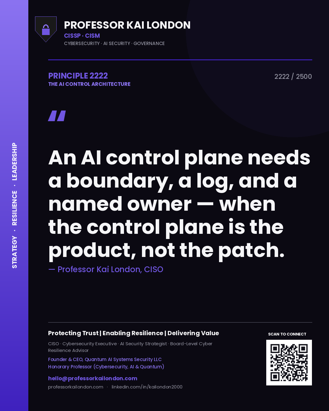 Professor Kai London principle 2222: An AI control plane needs a boundary, a log, and a named owner — when the control plane is the product, not the patch.