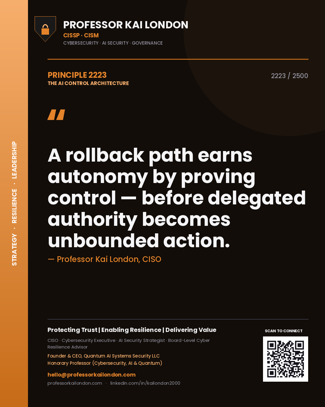 Professor Kai London principle 2223: A rollback path earns autonomy by proving control — before delegated authority becomes unbounded action.