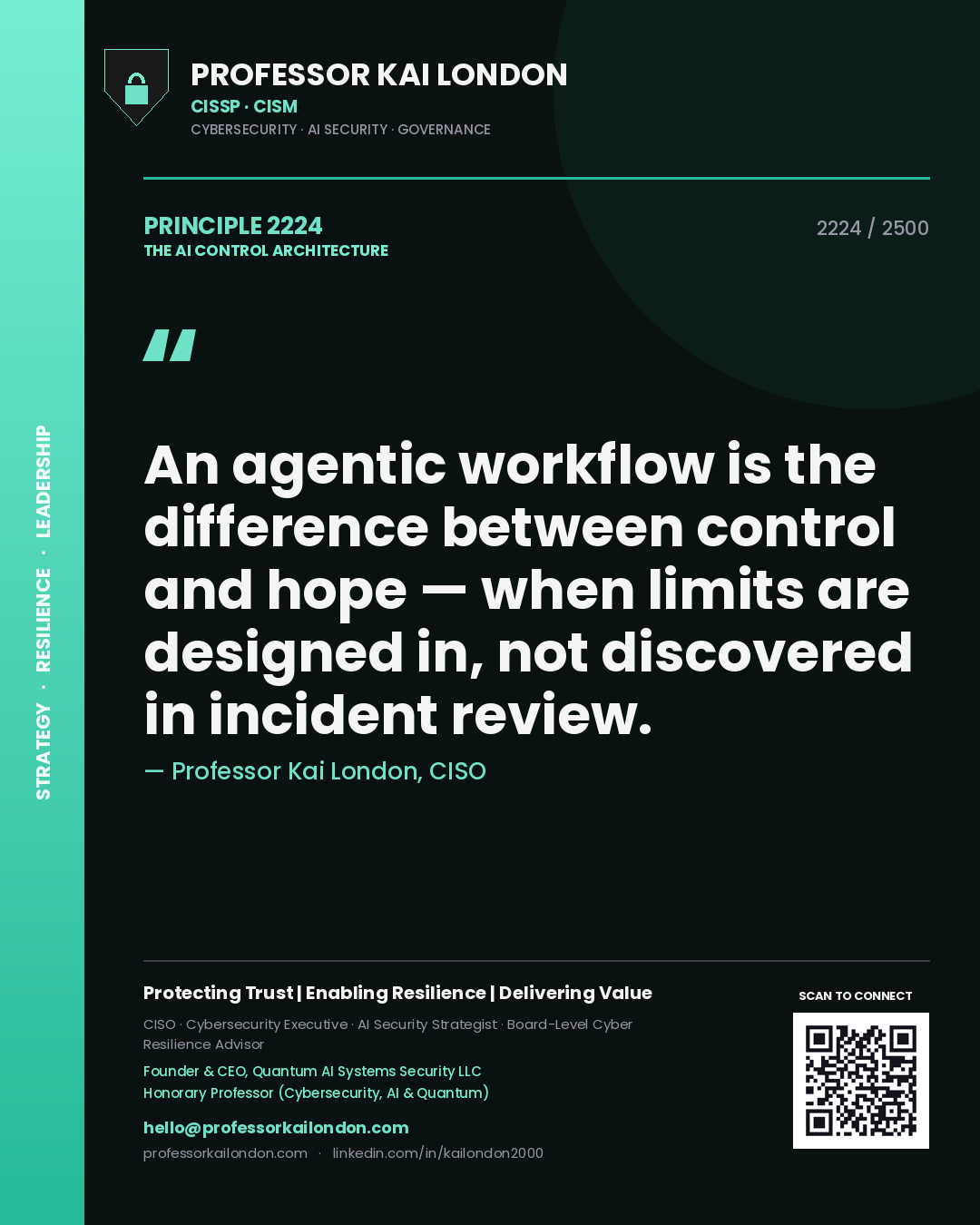 Professor Kai London principle 2224: An agentic workflow is the difference between control and hope — when limits are designed in, not discovered in incident review.