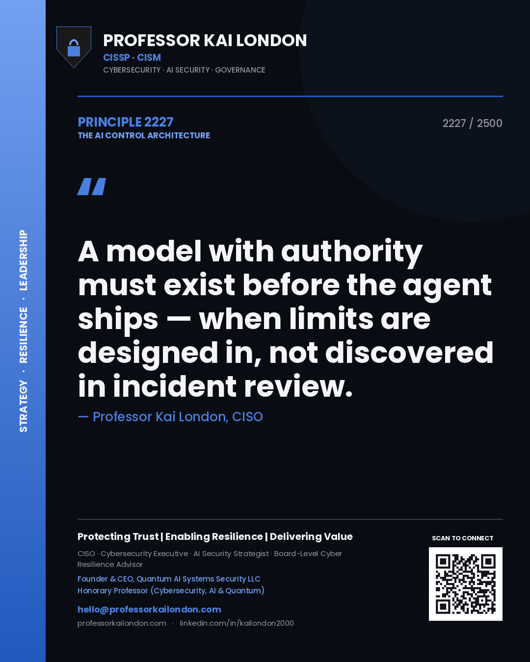 Professor Kai London principle 2227: A model with authority must exist before the agent ships — when limits are designed in, not discovered in incident review.