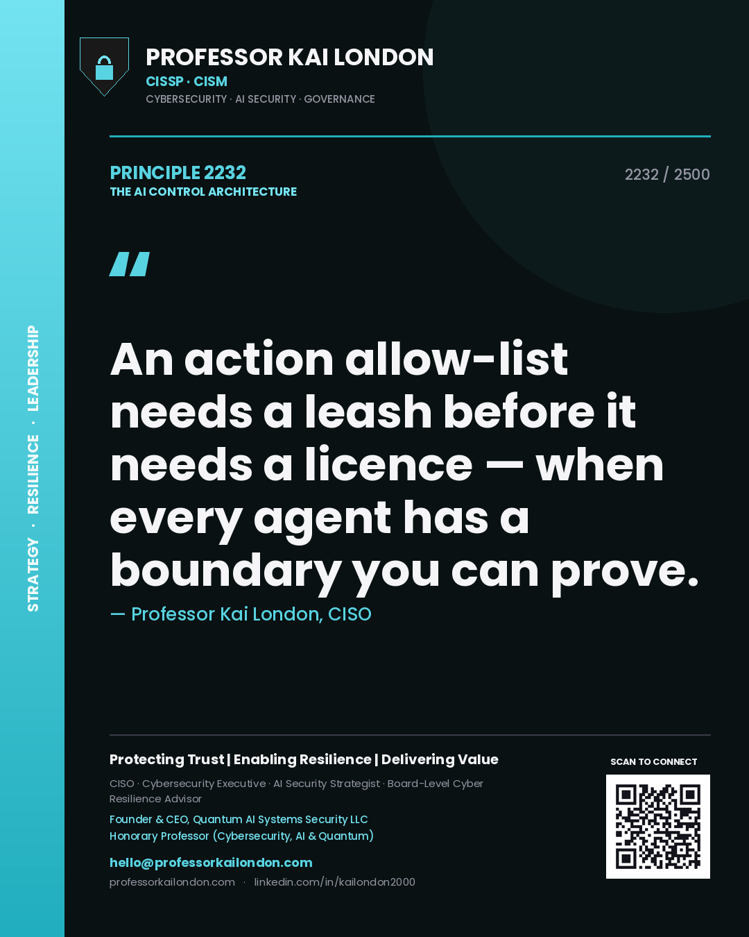 Professor Kai London principle 2232: An action allow-list needs a leash before it needs a licence — when every agent has a boundary you can prove.