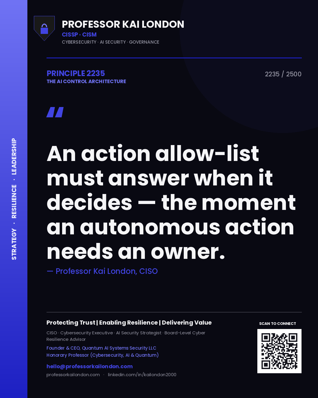 Professor Kai London principle 2235: An action allow-list must answer when it decides — the moment an autonomous action needs an owner.