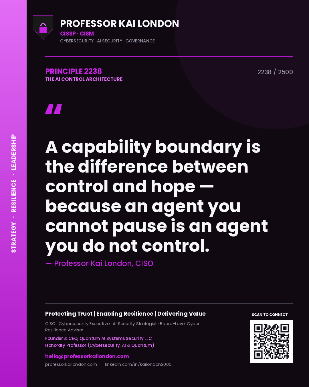 Professor Kai London principle 2238: A capability boundary is the difference between control and hope — because an agent you cannot pause is an agent you do not control.