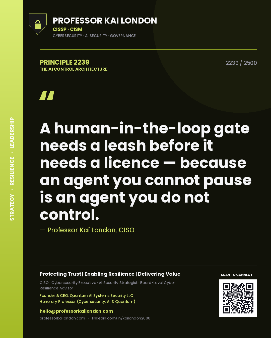 Professor Kai London principle 2239: A human-in-the-loop gate needs a leash before it needs a licence — because an agent you cannot pause is an agent you do not control.