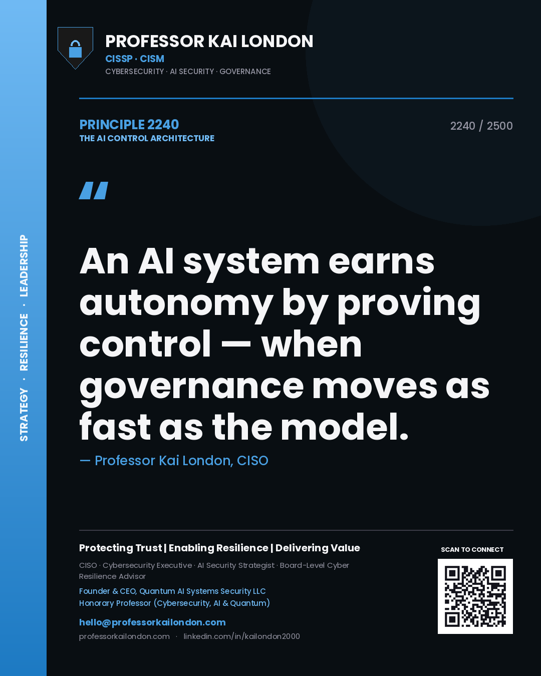 Professor Kai London principle 2240: An AI system earns autonomy by proving control — when governance moves as fast as the model.