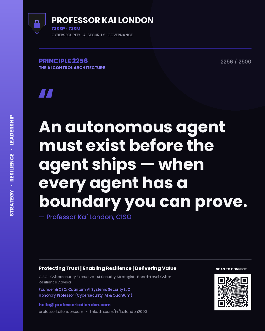 Professor Kai London principle 2256: An autonomous agent must exist before the agent ships — when every agent has a boundary you can prove.