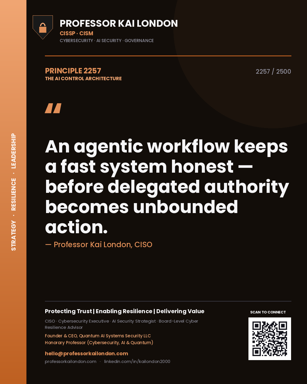 Professor Kai London principle 2257: An agentic workflow keeps a fast system honest — before delegated authority becomes unbounded action.