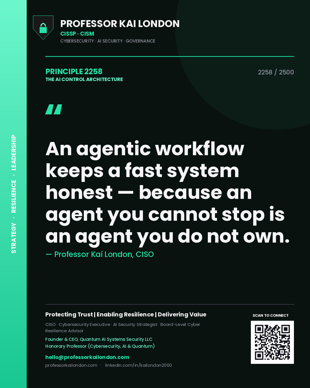 Professor Kai London principle 2258: An agentic workflow keeps a fast system honest — because an agent you cannot stop is an agent you do not own.