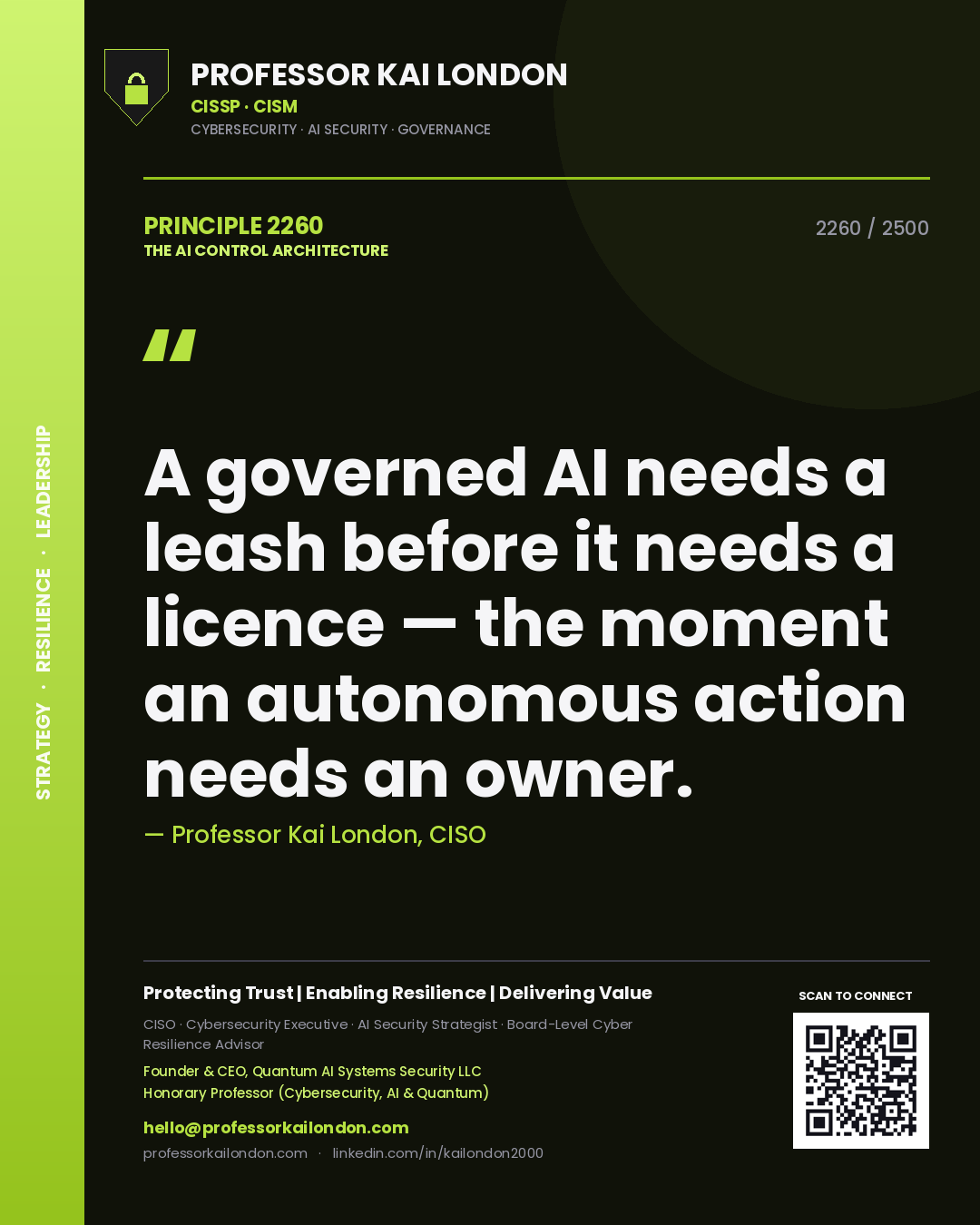 Professor Kai London principle 2260: A governed AI needs a leash before it needs a licence — the moment an autonomous action needs an owner.