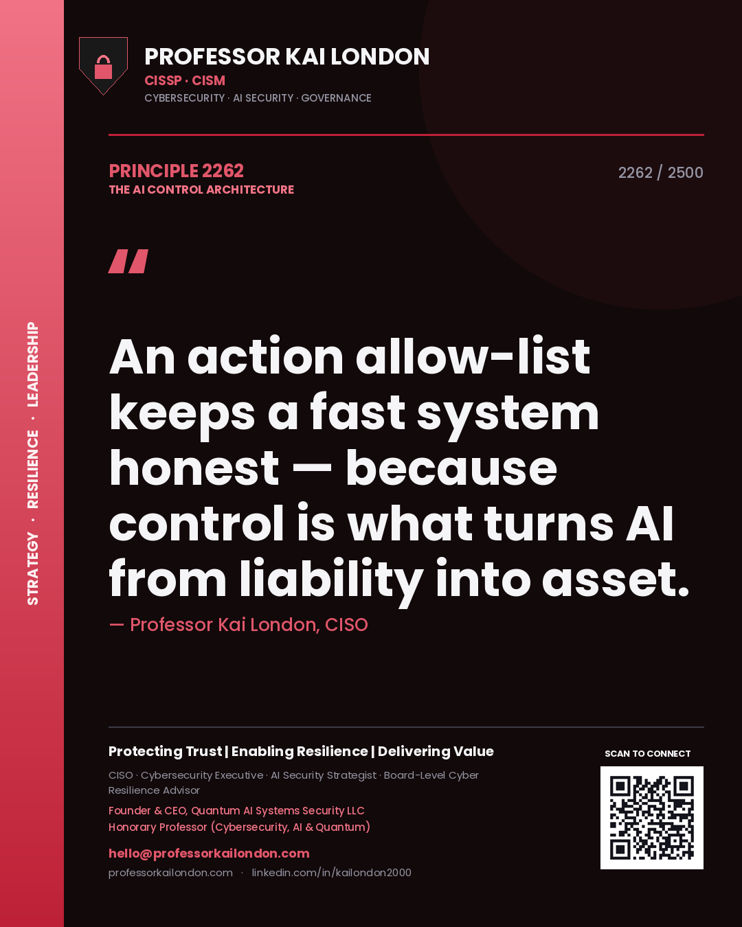 Quote card by Professor Kai London reading 'An action allow-list keeps a fast system honest — because control is what turns AI from liability into asset.'. From the book The AI Control Architecture.