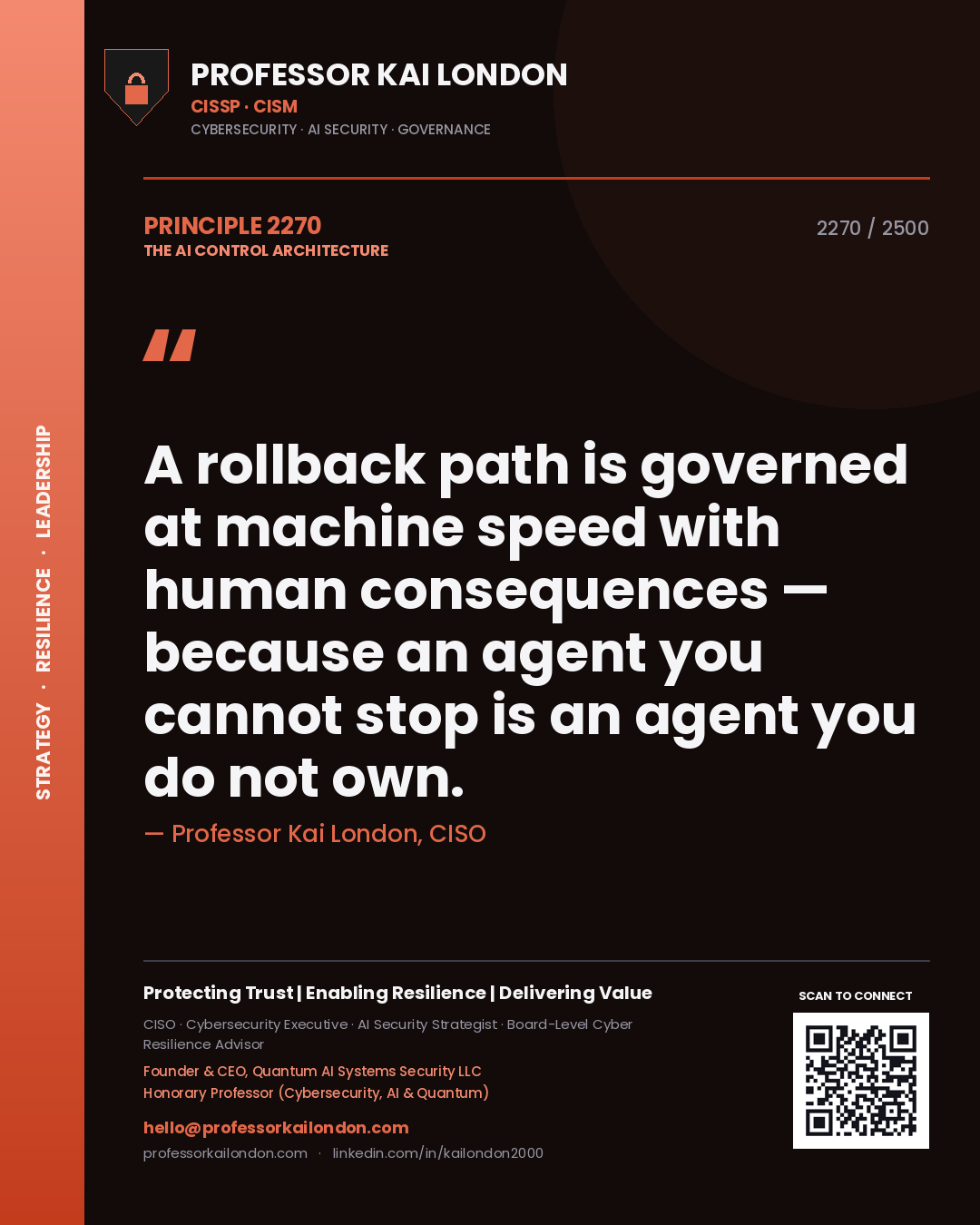 Professor Kai London principle 2270: A rollback path is governed at machine speed with human consequences — because an agent you cannot stop is an agent you do not own.