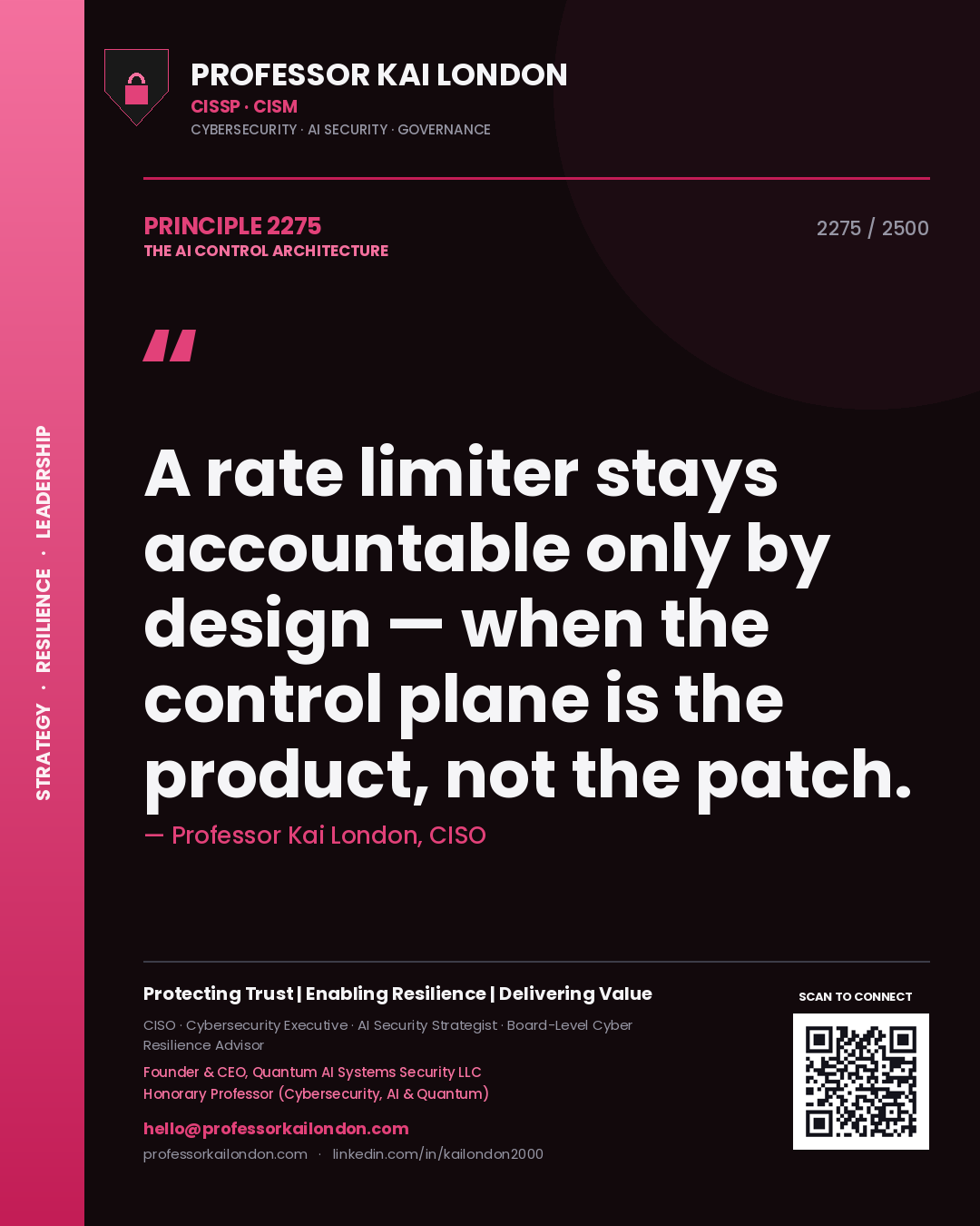 Professor Kai London principle 2275: A rate limiter stays accountable only by design — when the control plane is the product, not the patch.
