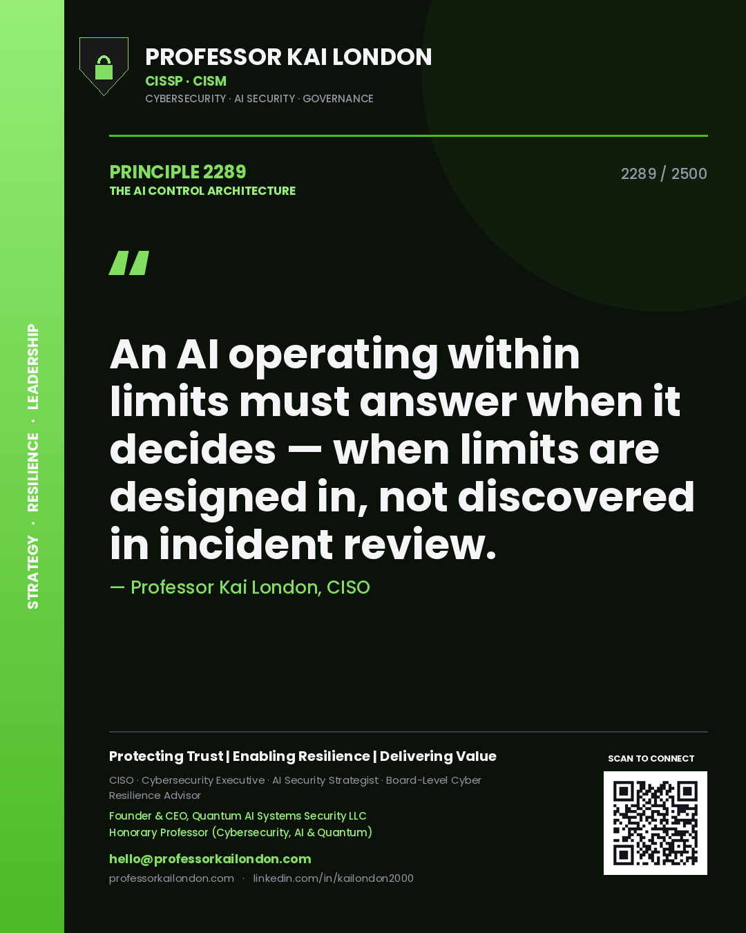 Professor Kai London principle 2289: An AI operating within limits must answer when it decides — when limits are designed in, not discovered in incident review.