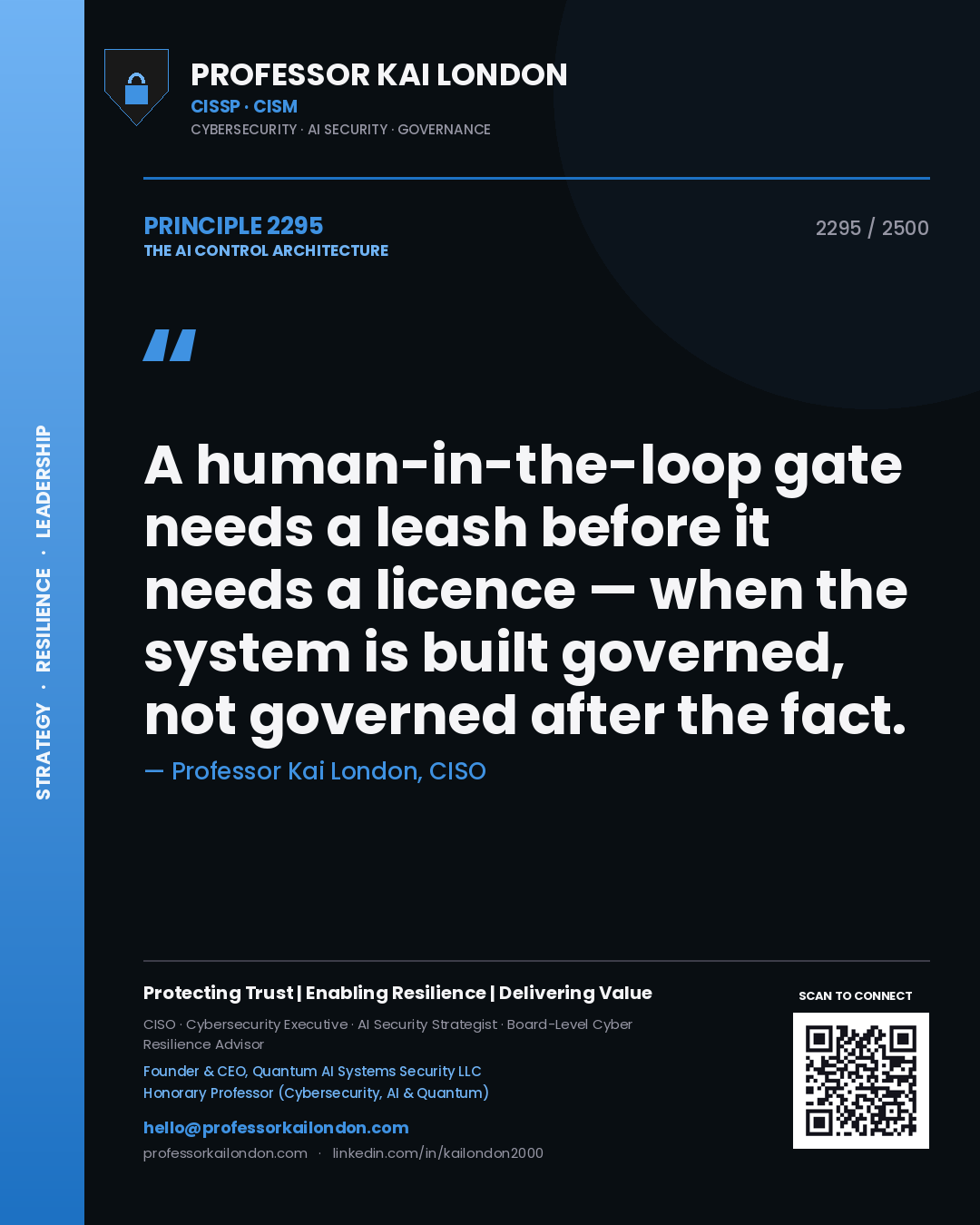 Professor Kai London principle 2295: A human-in-the-loop gate needs a leash before it needs a licence — when the system is built governed, not governed after the fact.