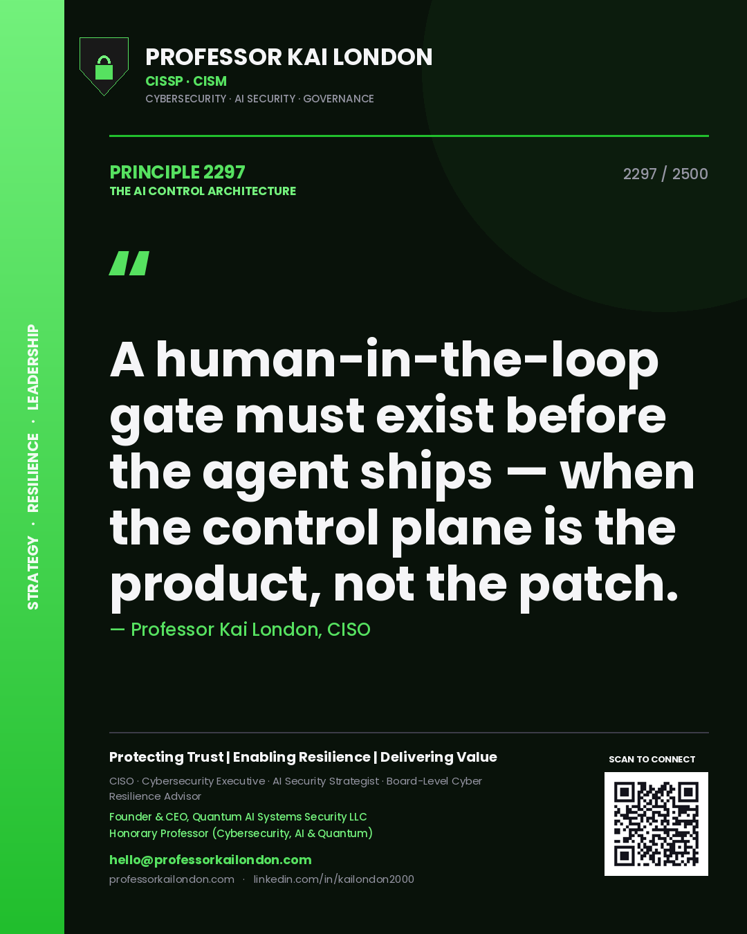 Professor Kai London principle 2297: A human-in-the-loop gate must exist before the agent ships — when the control plane is the product, not the patch.