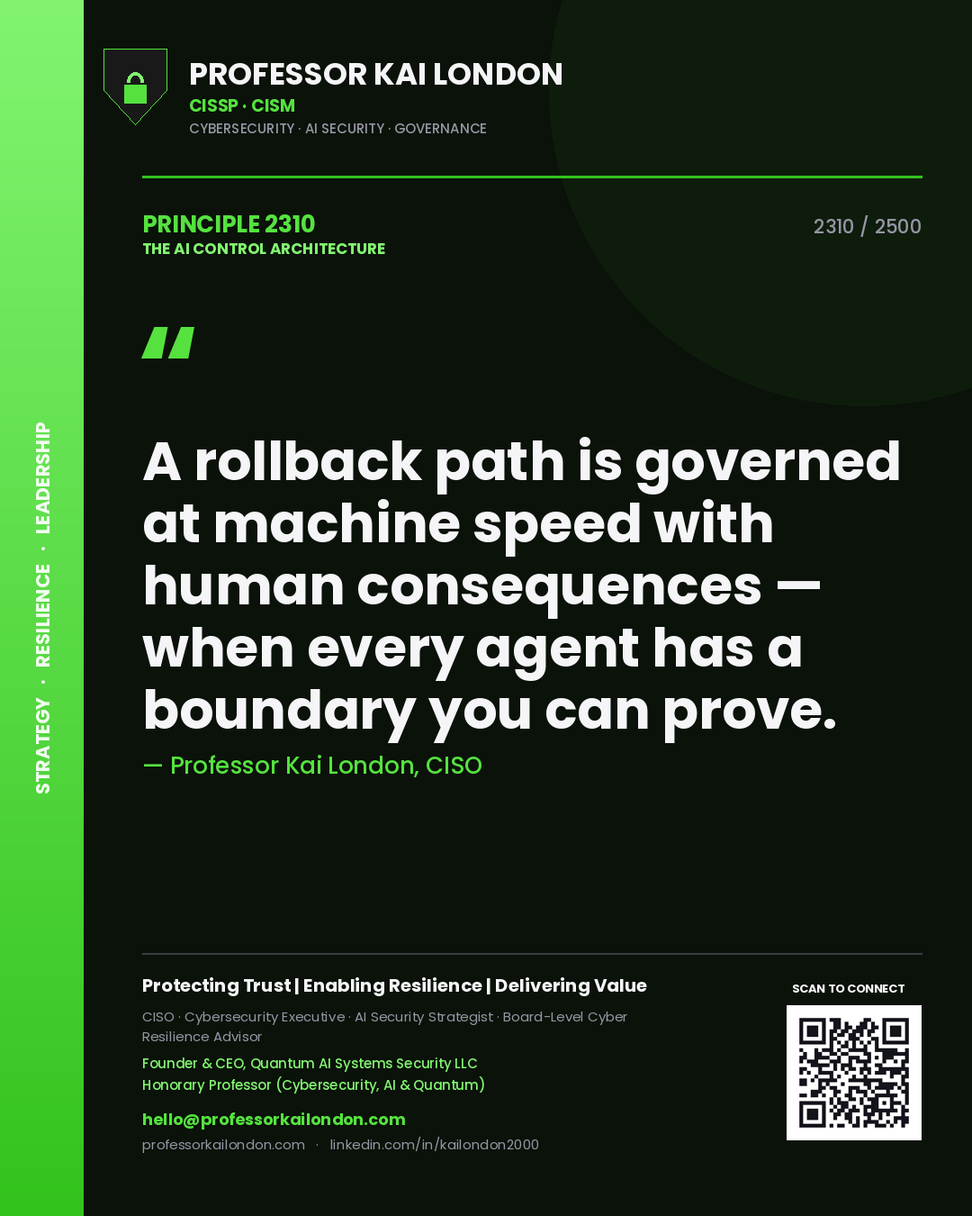 Professor Kai London principle 2310: A rollback path is governed at machine speed with human consequences — when every agent has a boundary you can prove.