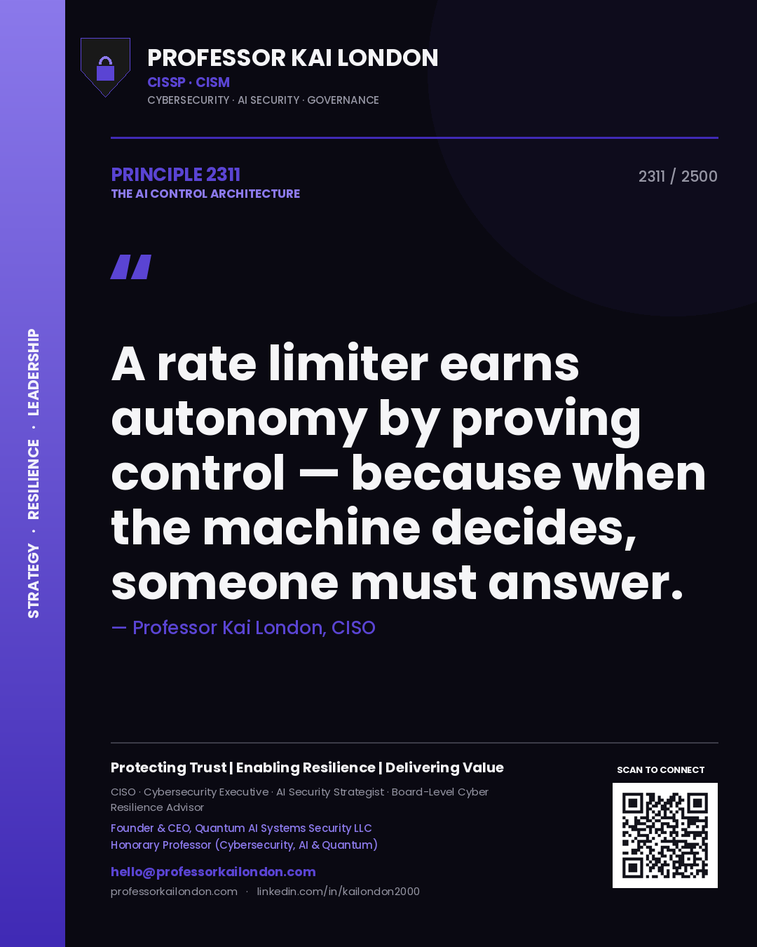 Professor Kai London principle 2311: A rate limiter earns autonomy by proving control — because when the machine decides, someone must answer.