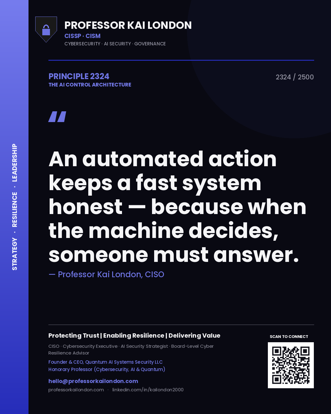 Quote card by Professor Kai London reading 'An automated action keeps a fast system honest — because when the machine decides, someone must answer.'. From the book The AI Control Architecture.