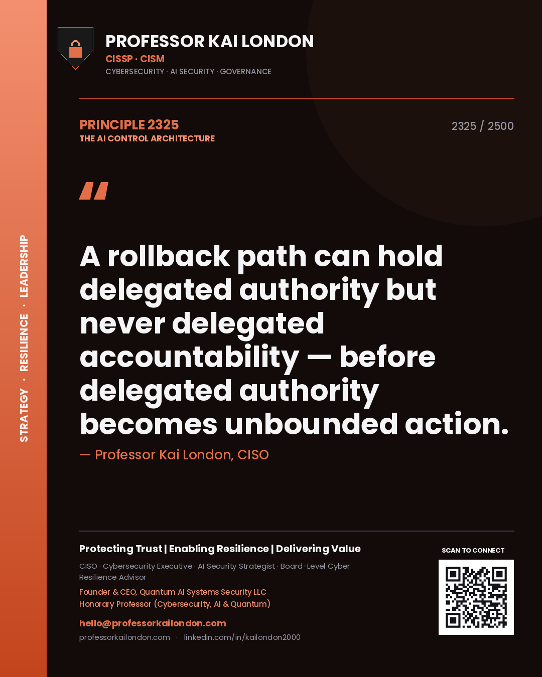 Quote card by Professor Kai London reading 'A rollback path can hold delegated authority but never delegated accountability — before delegated authority becomes unbounded action.'. From the book The AI Control Architecture.