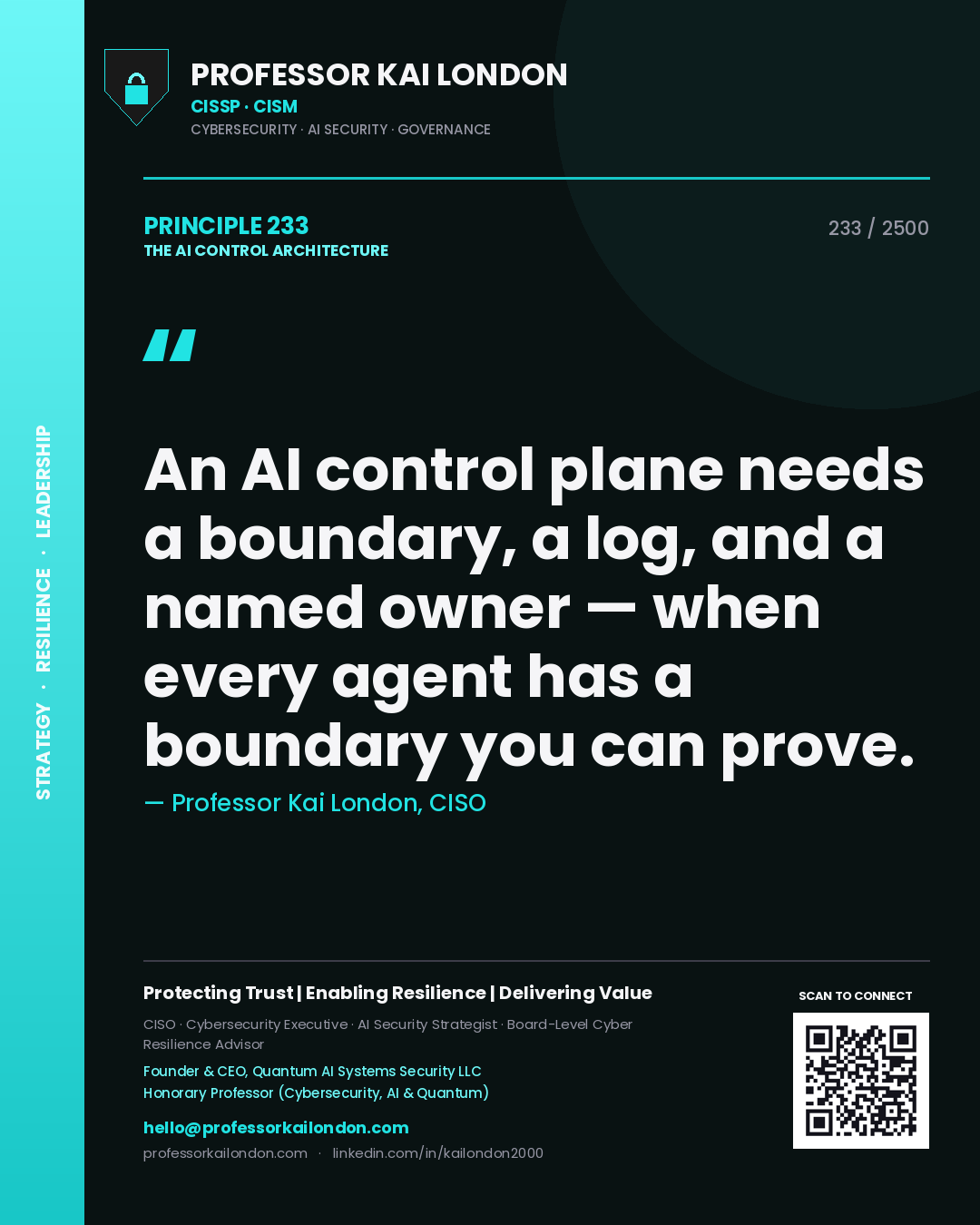 Quote card by Professor Kai London reading 'An AI control plane needs a boundary, a log, and a named owner — when every agent has a boundary you can prove.'. From the book The AI Control Architecture.