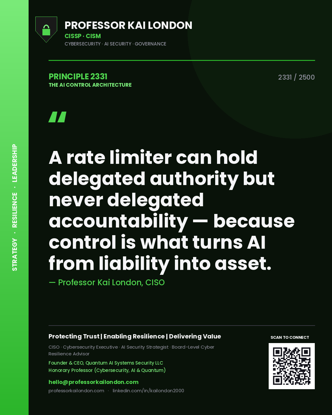 Professor Kai London principle 2331: A rate limiter can hold delegated authority but never delegated accountability — because control is what turns AI from liability into asset.