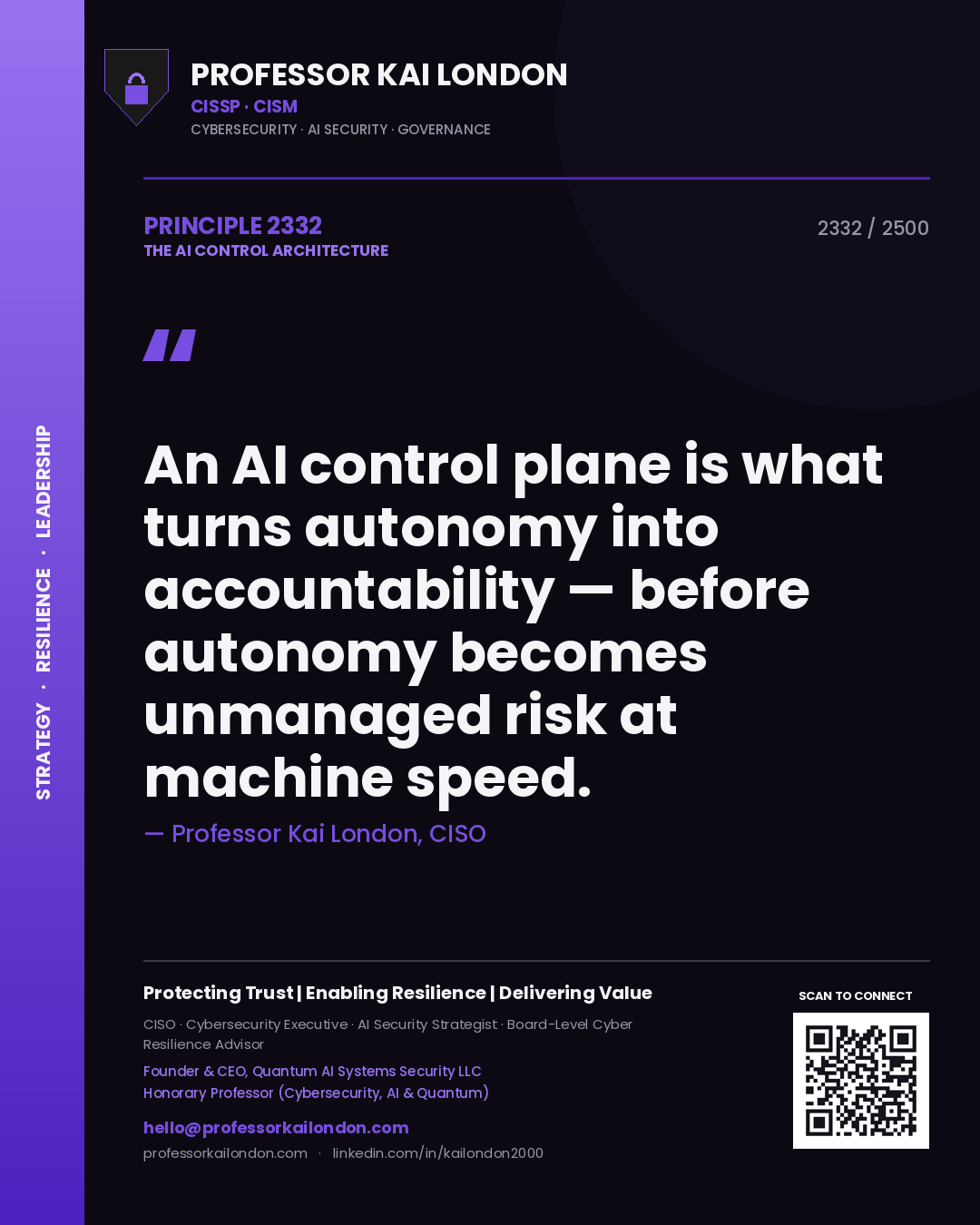 Quote card by Professor Kai London reading 'An AI control plane is what turns autonomy into accountability — before autonomy becomes unmanaged risk at machine speed.'. From the book The AI Control Architecture.