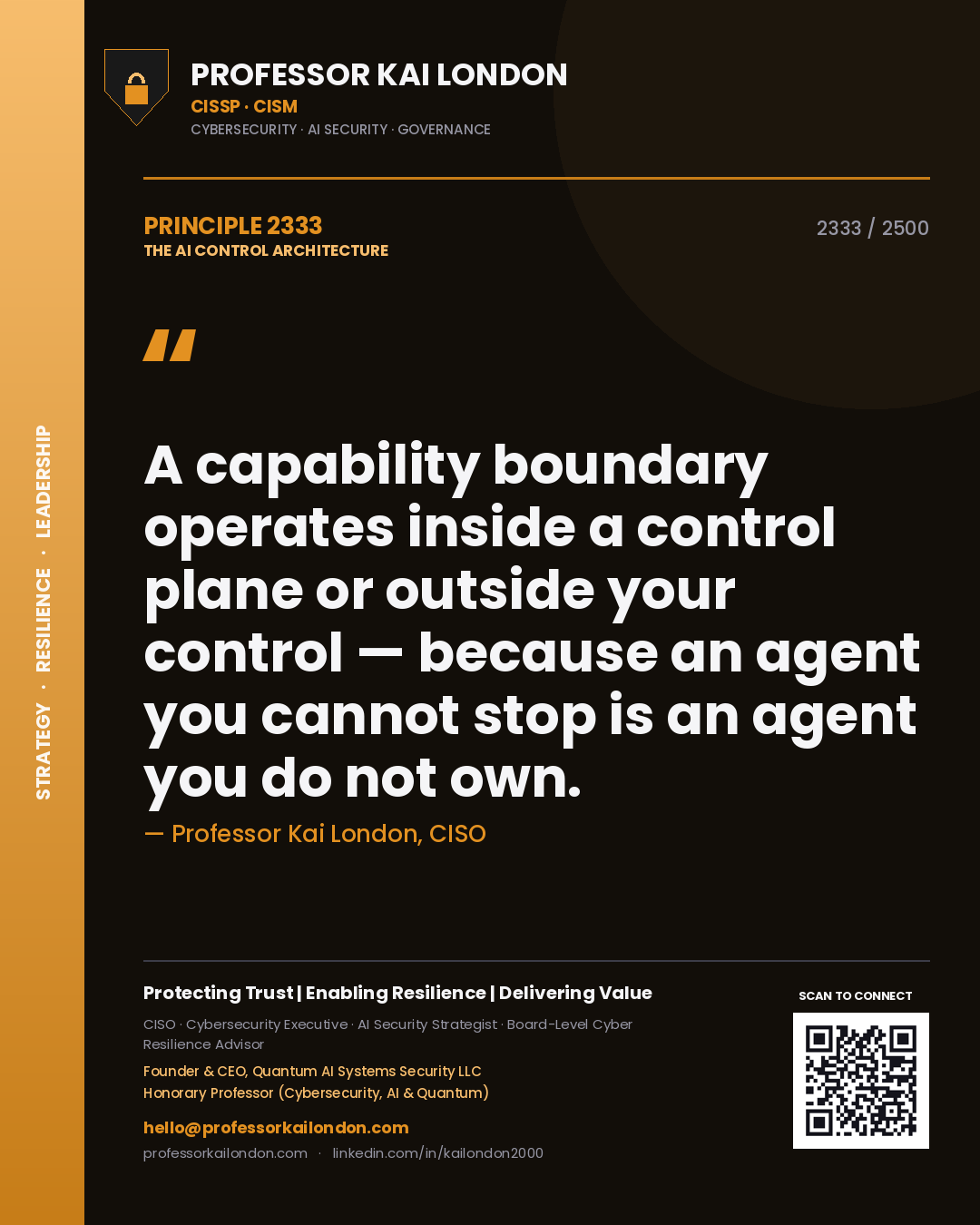 Professor Kai London principle 2333: A capability boundary operates inside a control plane or outside your control — because an agent you cannot stop is an agent you do not own.