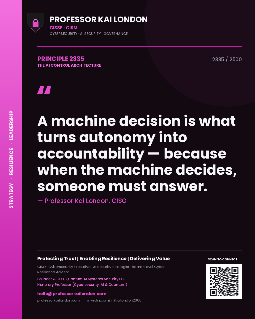 Professor Kai London principle 2335: A machine decision is what turns autonomy into accountability — because when the machine decides, someone must answer.