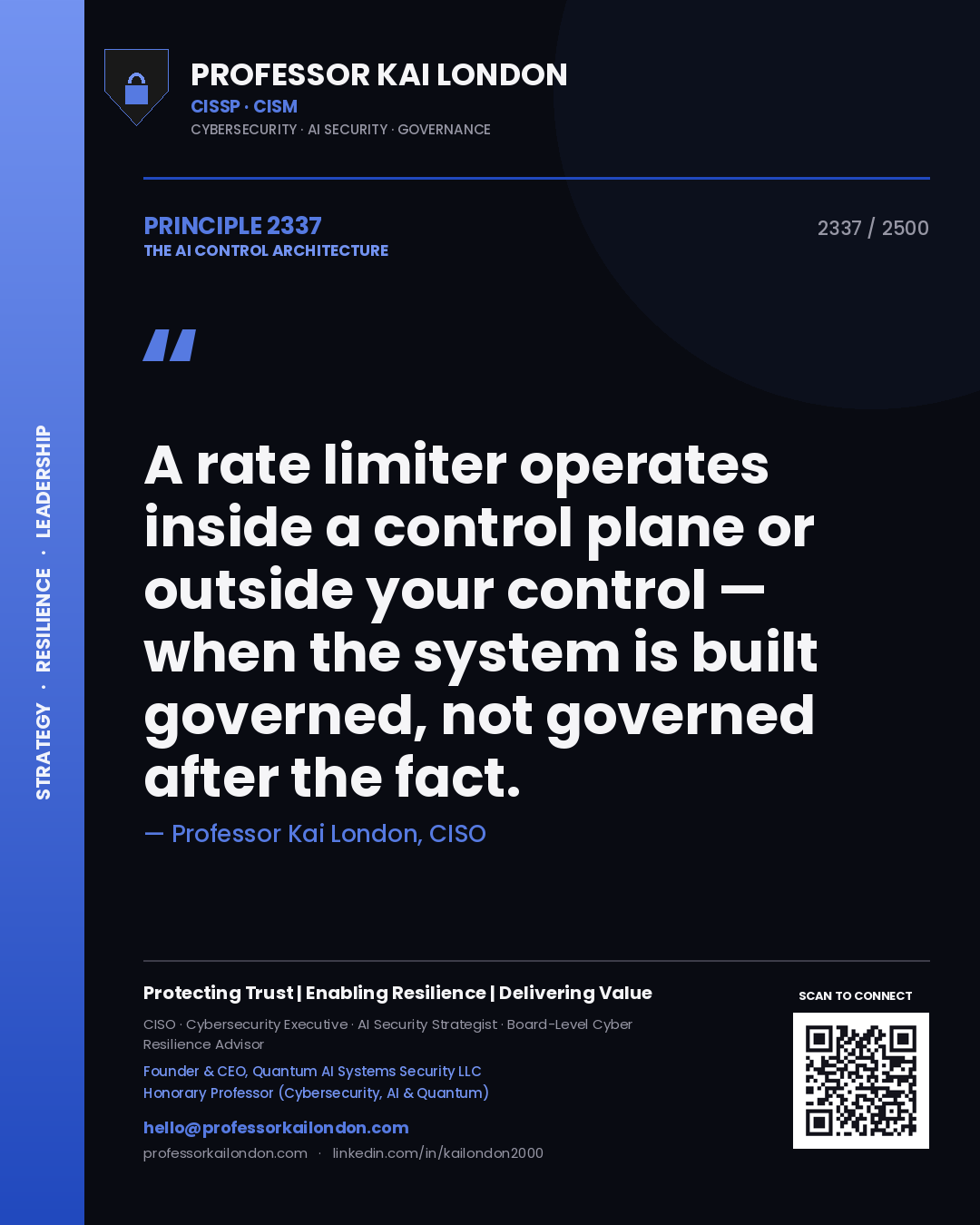 Professor Kai London principle 2337: A rate limiter operates inside a control plane or outside your control — when the system is built governed, not governed after the fact.