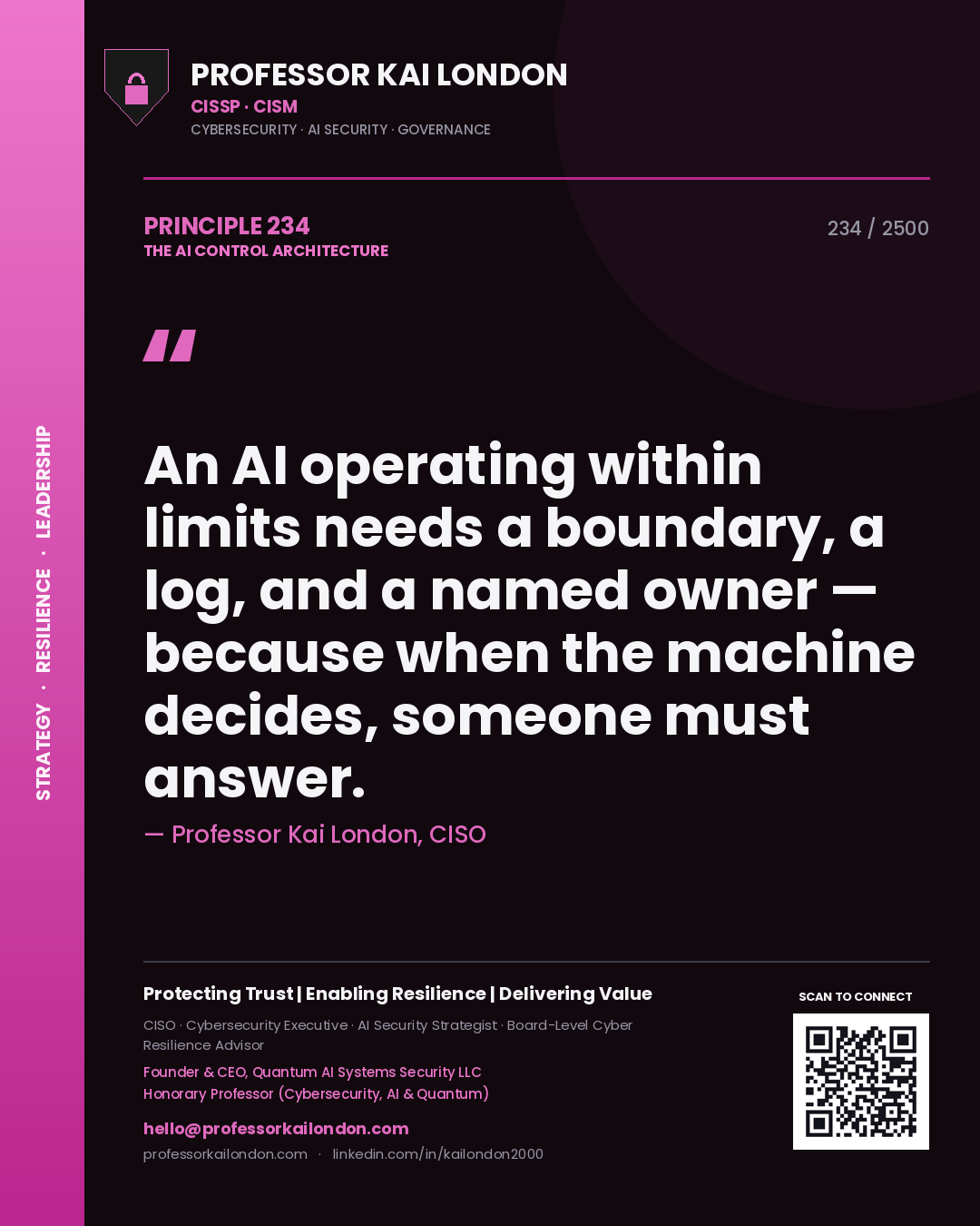 Professor Kai London principle 234: An AI operating within limits needs a boundary, a log, and a named owner — because when the machine decides, someone must answer.
