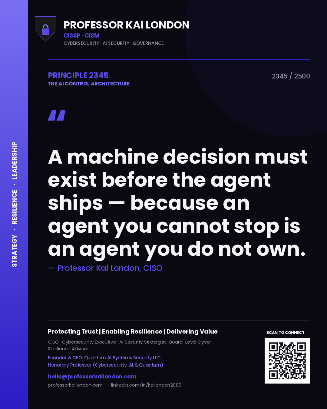 Quote card by Professor Kai London reading 'A machine decision must exist before the agent ships — because an agent you cannot stop is an agent you do not own.'. From the book The AI Control Architecture.