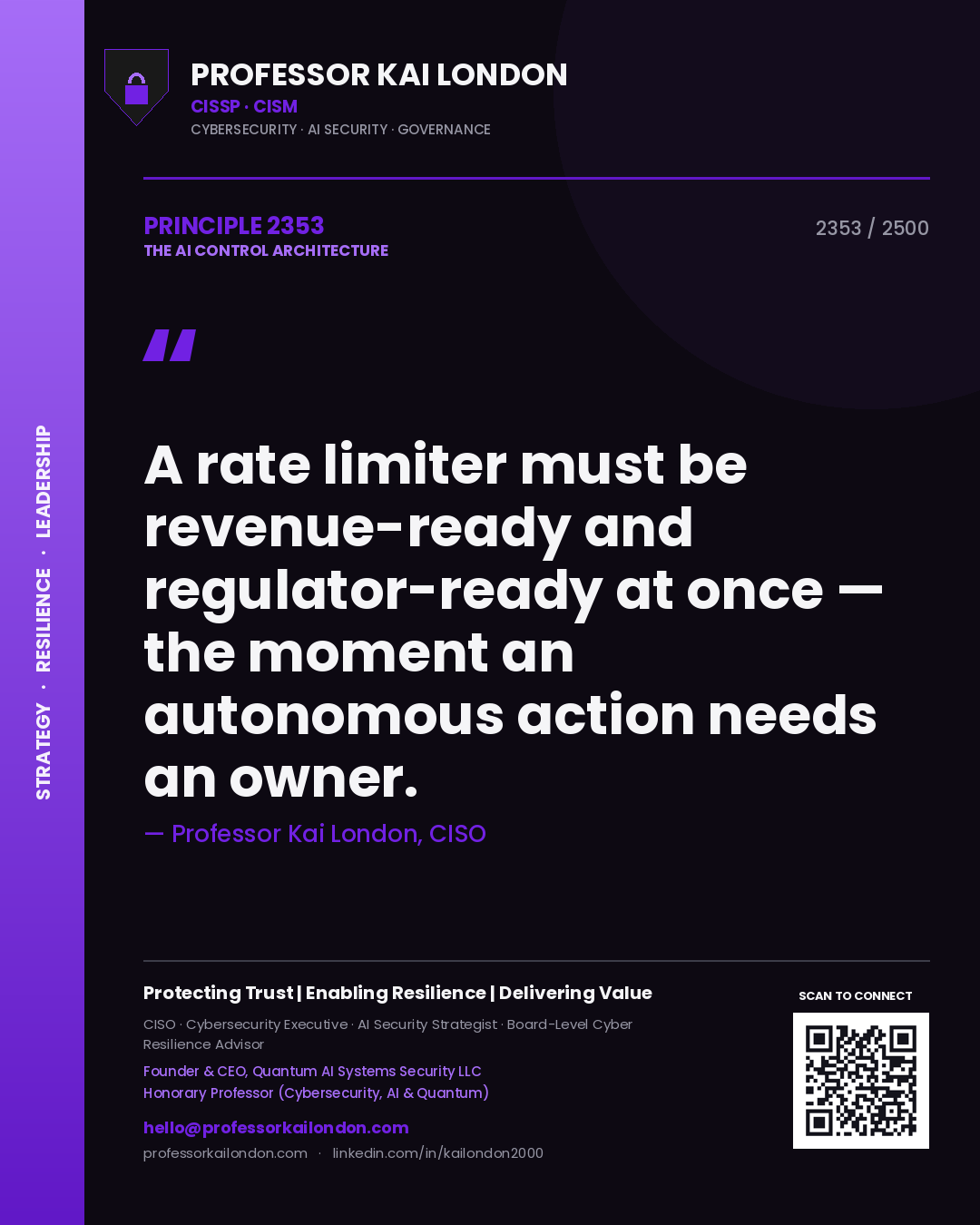 Quote card by Professor Kai London reading 'A rate limiter must be revenue-ready and regulator-ready at once — the moment an autonomous action needs an owner.'. From the book The AI Control Architecture.