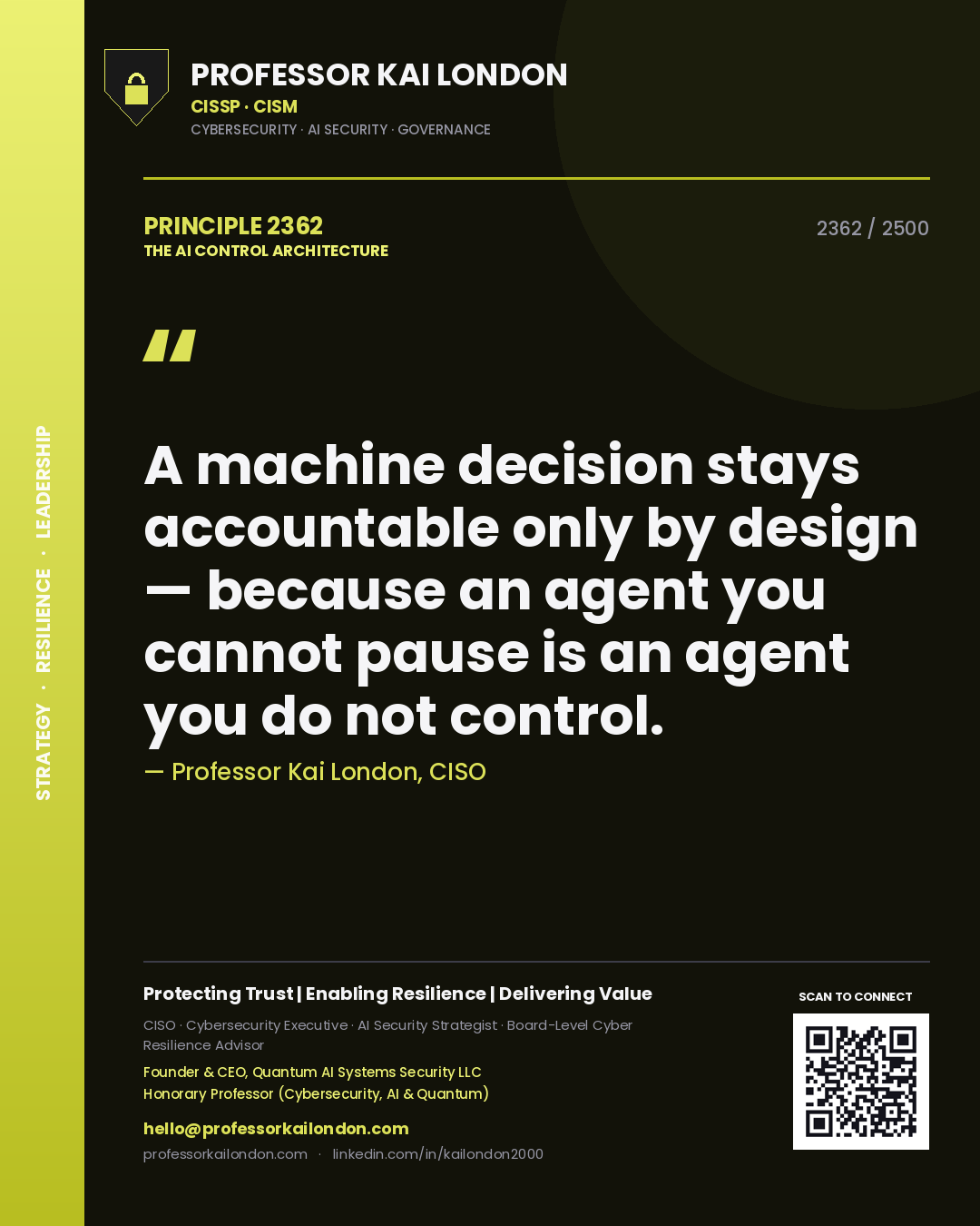 Professor Kai London principle 2362: A machine decision stays accountable only by design — because an agent you cannot pause is an agent you do not control.